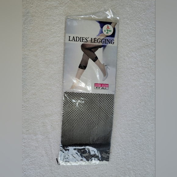 NWT Black Footless Fishnet Tights with black lace trim - Picture 1 of 4